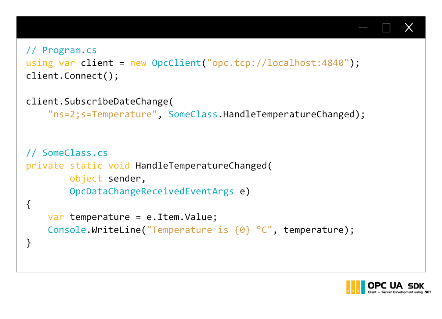 OPC UA client that subscribes to temperature changes